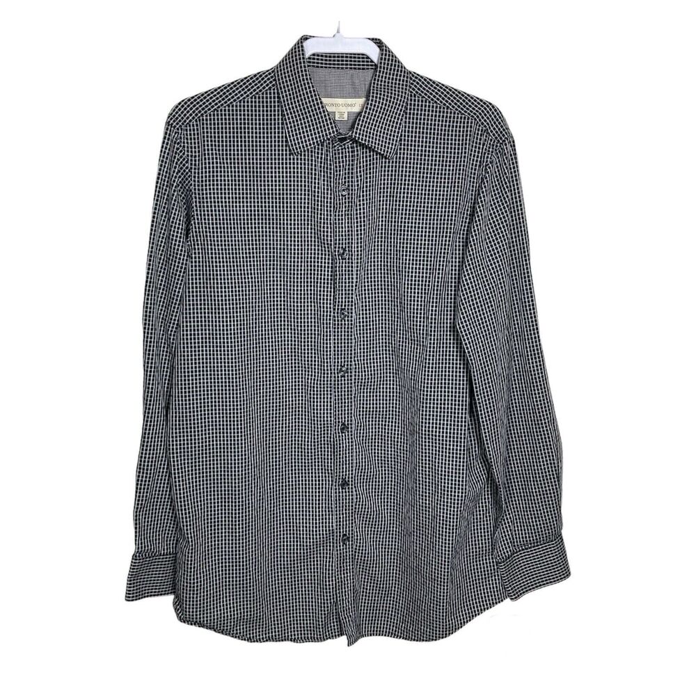 Pronto Uomo Shirt Mens Large Tall LT Black White Button Up Long Sleeve Classic